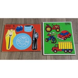 2 Vintage Playskool Wooden Puzzles Set‎ The Table & Things With Wheels 1-4 Ages
